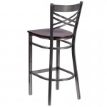 Clear Coated ''X'' Back Metal Restaurant Barstool - Walnut Wood Seat