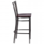 Clear Coated ''X'' Back Metal Restaurant Barstool - Walnut Wood Seat