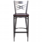 Clear Coated ''X'' Back Metal Restaurant Barstool - Walnut Wood Seat