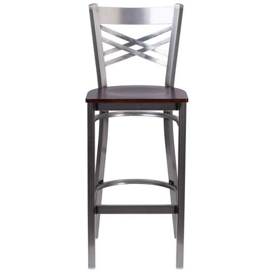 Clear Coated ''X'' Back Metal Restaurant Barstool - Walnut Wood Seat