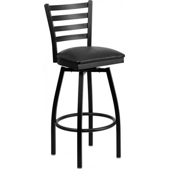 Black Ladder Back Swivel Metal Barstool - Black Vinyl Seat