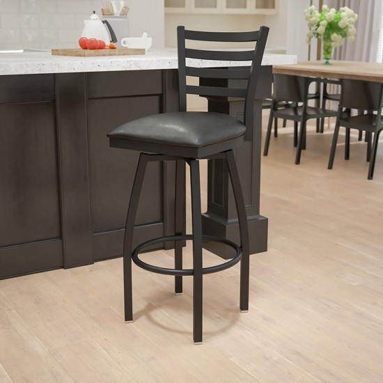 Black Ladder Back Swivel Metal Barstool - Black Vinyl Seat