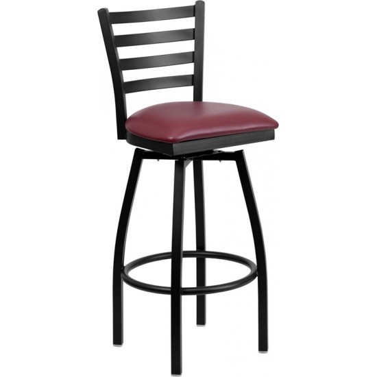 Black Ladder Back Swivel Metal Barstool - Burgundy Vinyl Seat