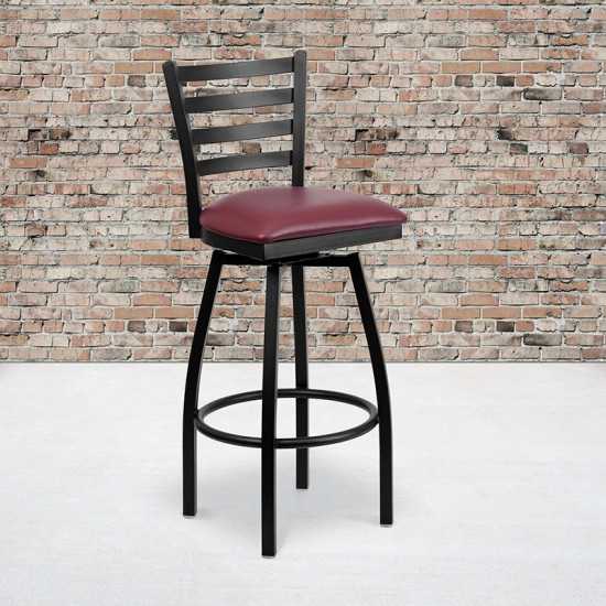 Black Ladder Back Swivel Metal Barstool - Burgundy Vinyl Seat