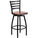 Black Ladder Back Swivel Metal Barstool - Cherry Wood Seat