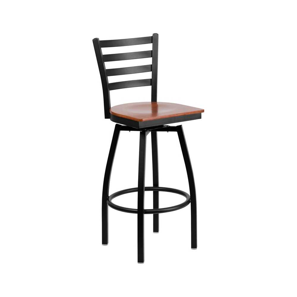 Black Ladder Back Swivel Metal Barstool - Cherry Wood Seat