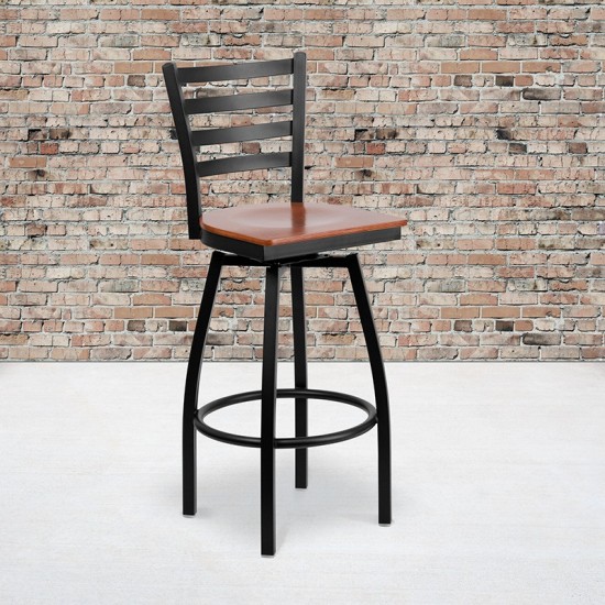 Black Ladder Back Swivel Metal Barstool - Cherry Wood Seat