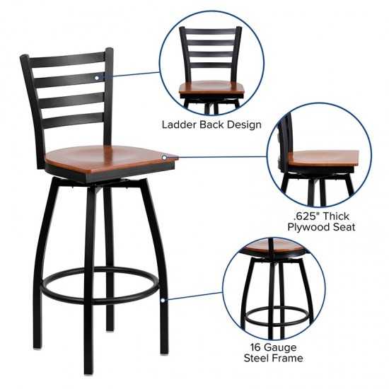 Black Ladder Back Swivel Metal Barstool - Cherry Wood Seat