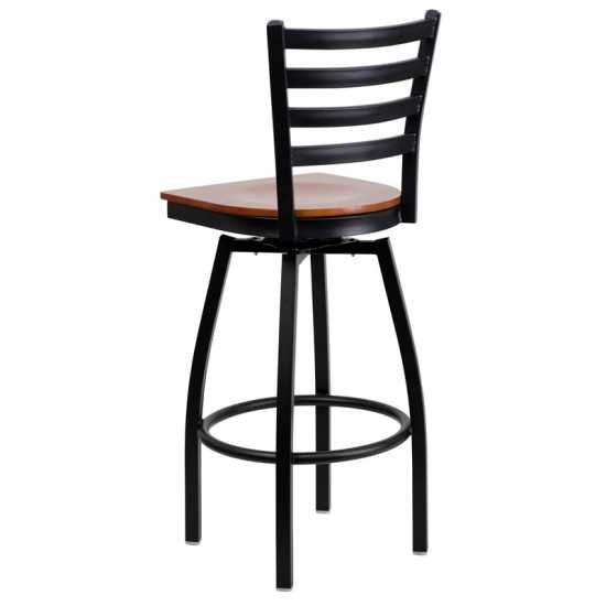 Black Ladder Back Swivel Metal Barstool - Cherry Wood Seat