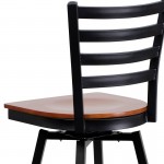 Black Ladder Back Swivel Metal Barstool - Cherry Wood Seat