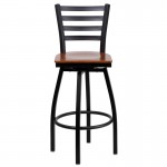 Black Ladder Back Swivel Metal Barstool - Cherry Wood Seat