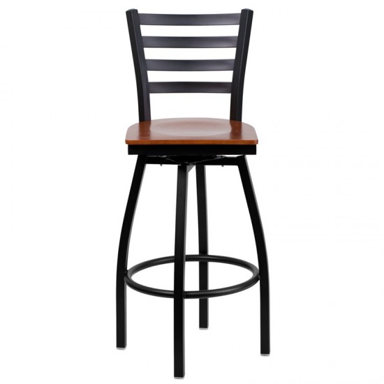 Black Ladder Back Swivel Metal Barstool - Cherry Wood Seat