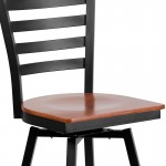 Black Ladder Back Swivel Metal Barstool - Cherry Wood Seat