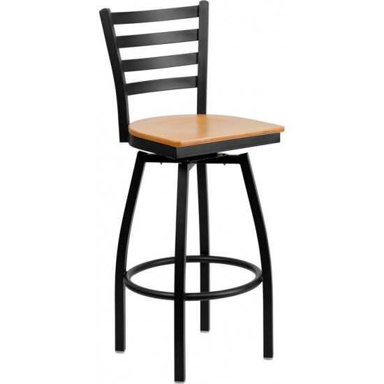 Black Ladder Back Swivel Metal Barstool - Natural Wood Seat