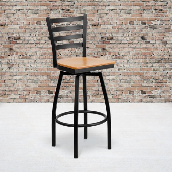 Black Ladder Back Swivel Metal Barstool - Natural Wood Seat