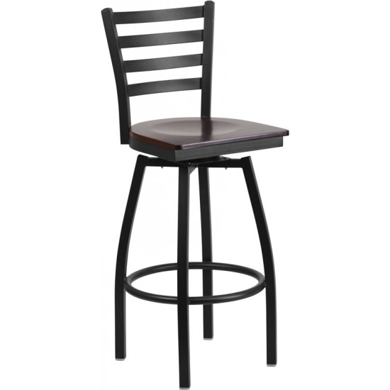 Black Ladder Back Swivel Metal Barstool - Walnut Wood Seat