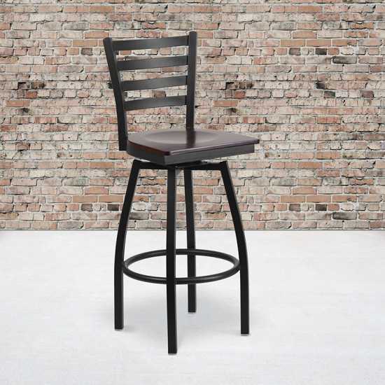 Black Ladder Back Swivel Metal Barstool - Walnut Wood Seat