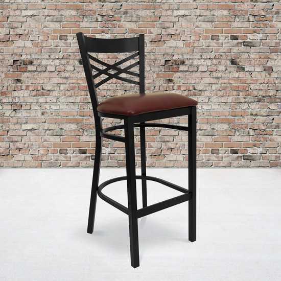 Black ''X'' Back Metal Restaurant Barstool - Burgundy Vinyl Seat