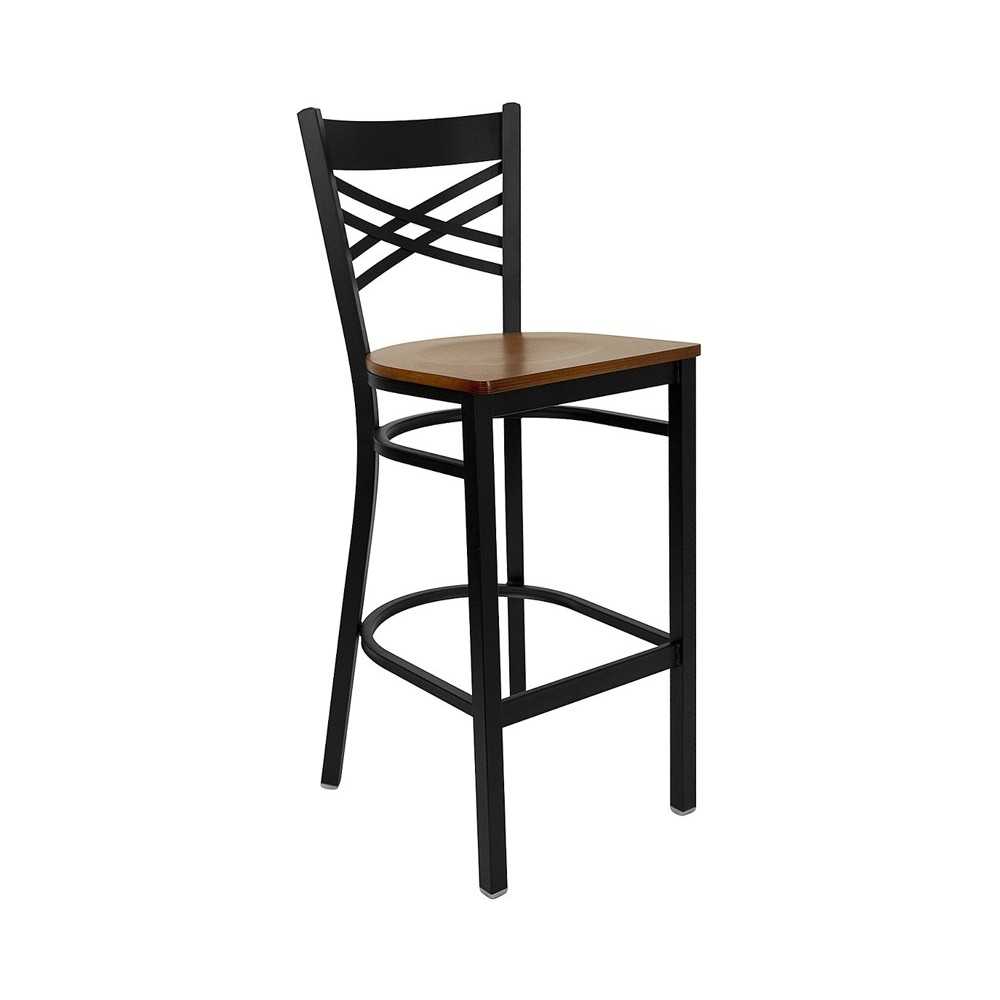 Black ''X'' Back Metal Restaurant Barstool - Cherry Wood Seat Black ''X'' Back Metal Restaurant Barstool - Cherry Wood Seat