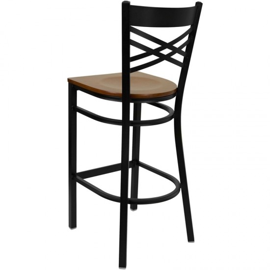 Black ''X'' Back Metal Restaurant Barstool - Cherry Wood Seat