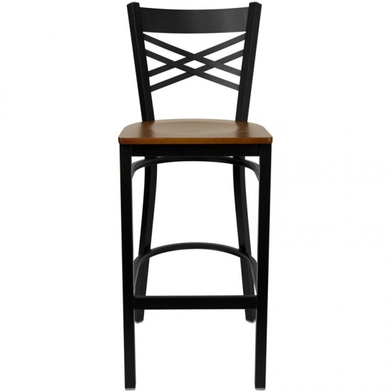 Black ''X'' Back Metal Restaurant Barstool - Cherry Wood Seat