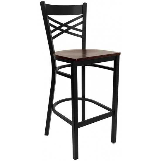 Black ''X'' Back Metal Restaurant Barstool - Mahogany Wood Seat