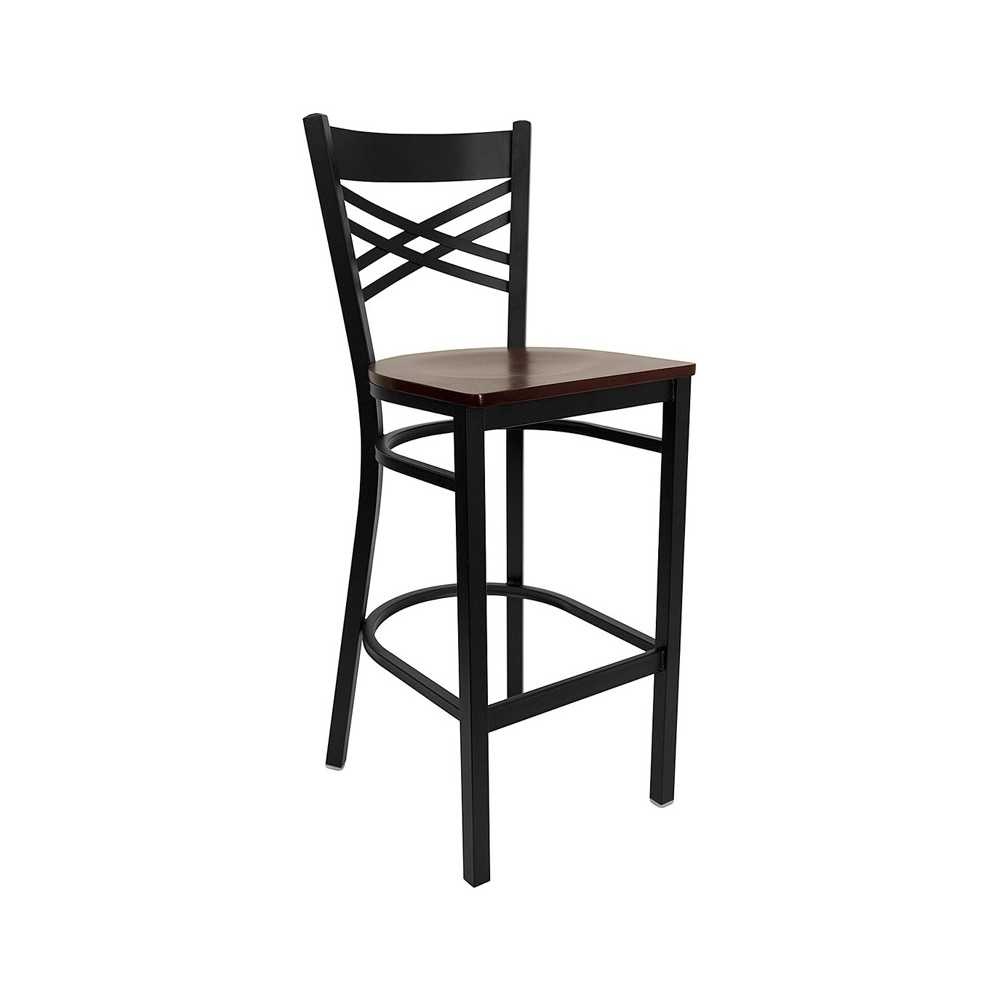 Black ''X'' Back Metal Restaurant Barstool - Mahogany Wood Seat Black ''X'' Back Metal Restaurant Barstool - Mahogany Wood Seat