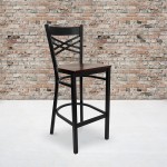 Black ''X'' Back Metal Restaurant Barstool - Mahogany Wood Seat