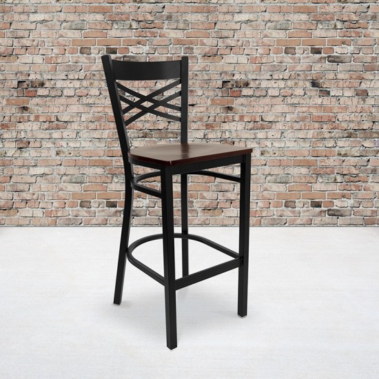 Black ''X'' Back Metal Restaurant Barstool - Mahogany Wood Seat