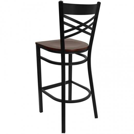 Black ''X'' Back Metal Restaurant Barstool - Mahogany Wood Seat