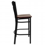 Black ''X'' Back Metal Restaurant Barstool - Mahogany Wood Seat