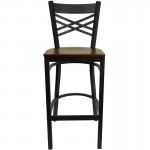 Black ''X'' Back Metal Restaurant Barstool - Mahogany Wood Seat
