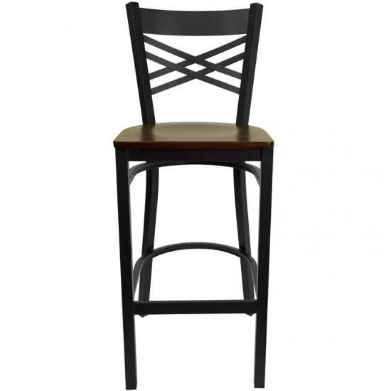 Black ''X'' Back Metal Restaurant Barstool - Mahogany Wood Seat