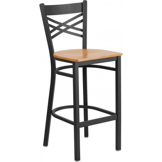 Black ''X'' Back Metal Restaurant Barstool - Natural Wood Seat