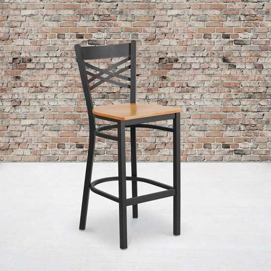 Black ''X'' Back Metal Restaurant Barstool - Natural Wood Seat