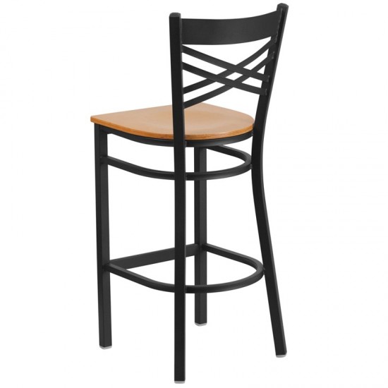 Black ''X'' Back Metal Restaurant Barstool - Natural Wood Seat