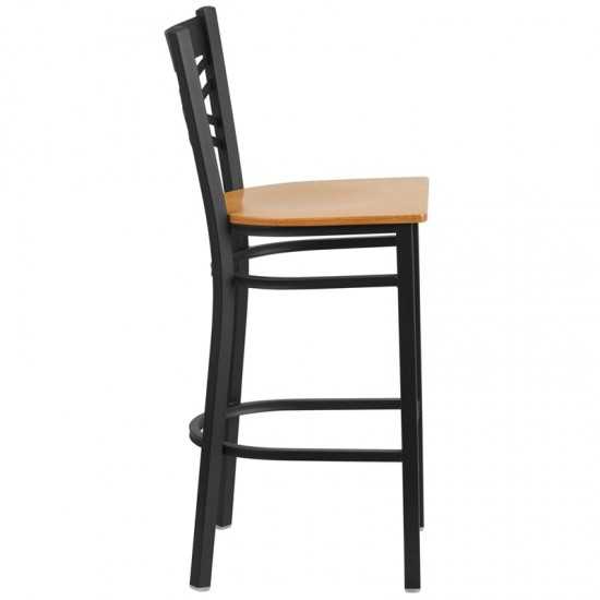 Black ''X'' Back Metal Restaurant Barstool - Natural Wood Seat