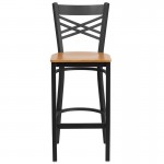 Black ''X'' Back Metal Restaurant Barstool - Natural Wood Seat
