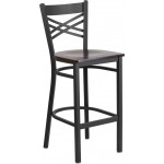 Black ''X'' Back Metal Restaurant Barstool - Walnut Wood Seat