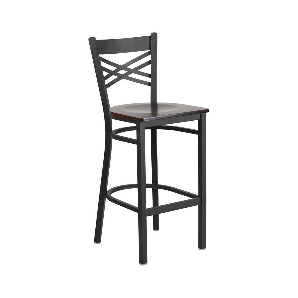 Black ''X'' Back Metal Restaurant Barstool - Walnut Wood Seat