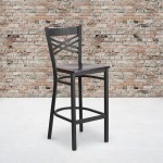 Black ''X'' Back Metal Restaurant Barstool - Walnut Wood Seat