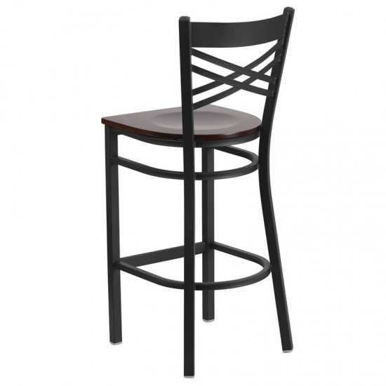 Black ''X'' Back Metal Restaurant Barstool - Walnut Wood Seat