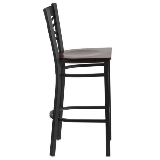 Black ''X'' Back Metal Restaurant Barstool - Walnut Wood Seat