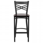 Black ''X'' Back Metal Restaurant Barstool - Walnut Wood Seat