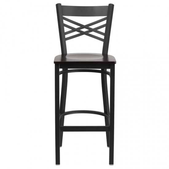 Black ''X'' Back Metal Restaurant Barstool - Walnut Wood Seat