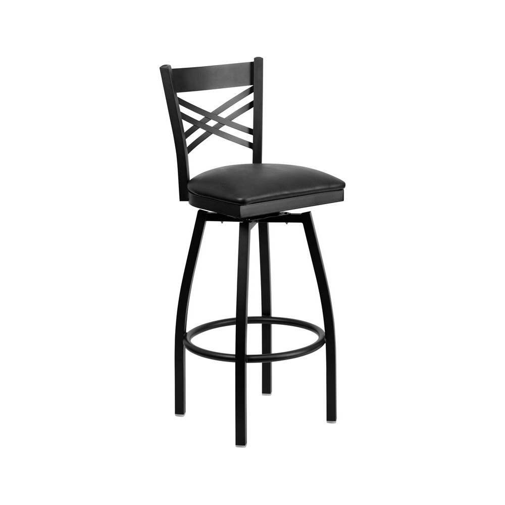 Black ''X'' Back Swivel Metal Barstool - Black Vinyl Seat