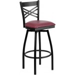 Black ''X'' Back Swivel Metal Barstool - Burgundy Vinyl Seat