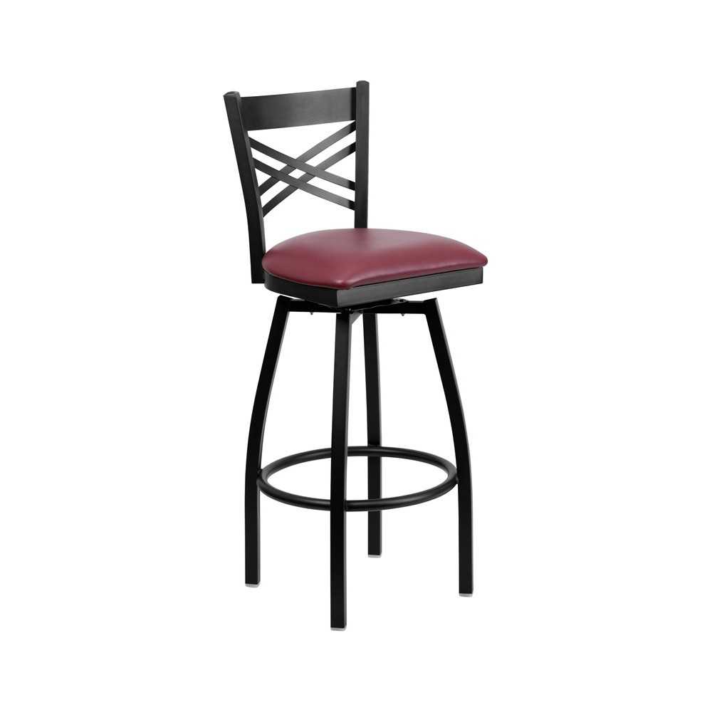 Black ''X'' Back Swivel Metal Barstool - Burgundy Vinyl Seat