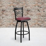 Black ''X'' Back Swivel Metal Barstool - Burgundy Vinyl Seat