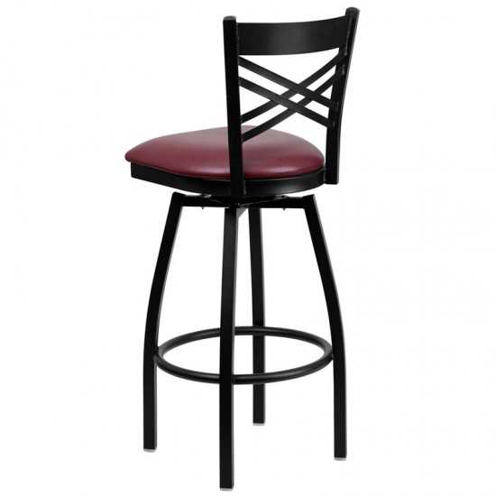 Black ''X'' Back Swivel Metal Barstool - Burgundy Vinyl Seat